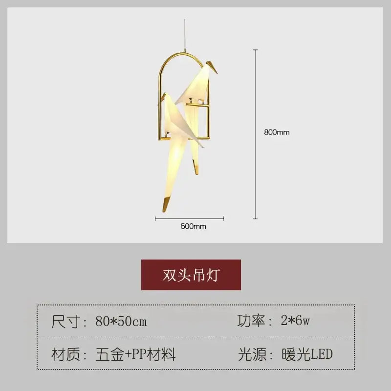 Gold-toned double-headed origami crane bird design led pendant light in white gold pp material for dining room decorbites bird design