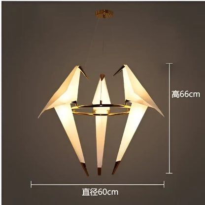 A modern decorbites crane chandelier iron led light with three white paper cranes and gold frame for bedroom decor