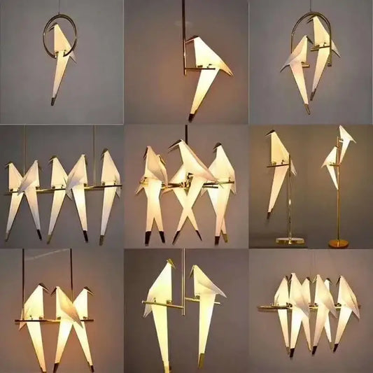 Origami white and gold crane chandelier iron led light featuring white origami bird pendant lights with black-tipped wings