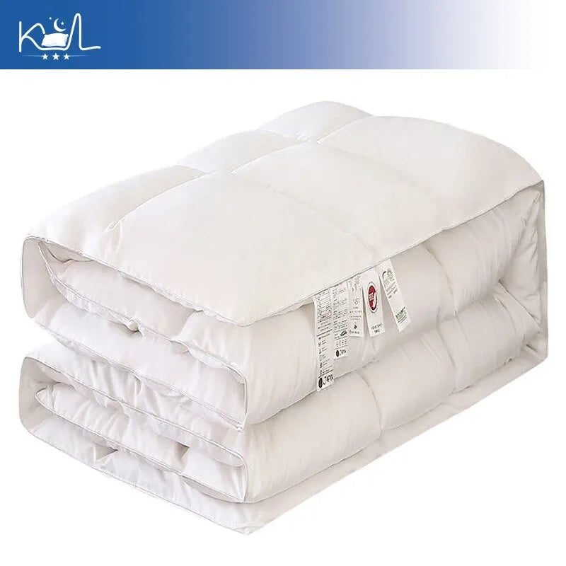 White quilted down comforter with 95% white goose down, soft plush texture, clean stitching, thickened for warm use
