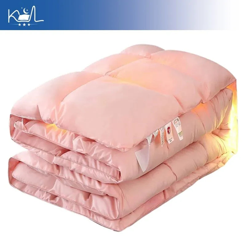 Pink satin-finish quilt made of 95% white goose down with soft plush texture for warm spring autumn and winter use