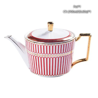 Ornate 18th century scene bone china tea pot white porcelain with red stripes gold trim decorbites bone china tea set
