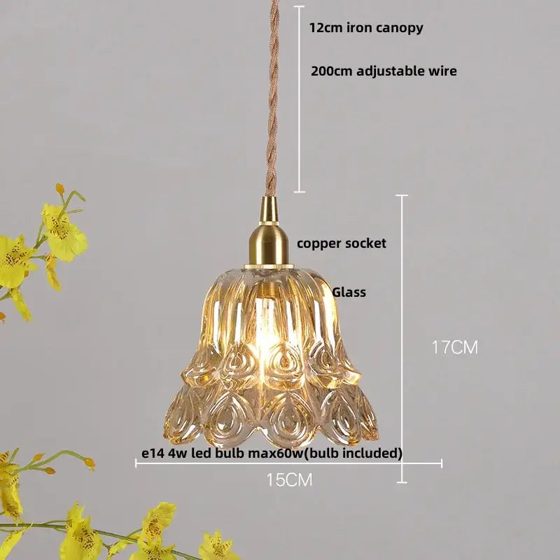 Translucent amber glass pendant light with fluted petal design and brass copper socket for café dining room ambiance
