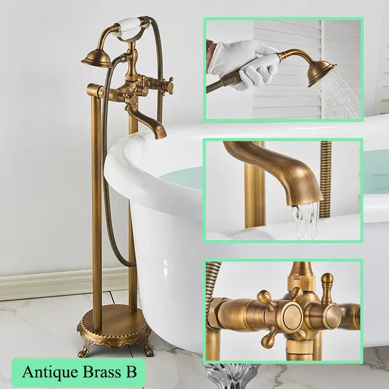 Ornate antique brass freestanding bathtub filler with tall stand, cross handles, and attached handheld showerhead