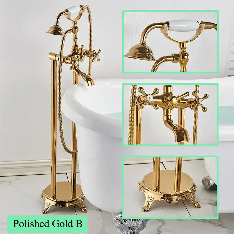 Polished gold freestanding bathtub filler with white ceramic handle and ornate vintage-inspired antique brass design