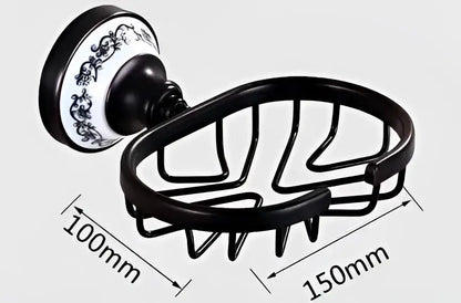Black metal soap dish with ornate white and blue floral wall mount from wrought iron bathroom accessories set