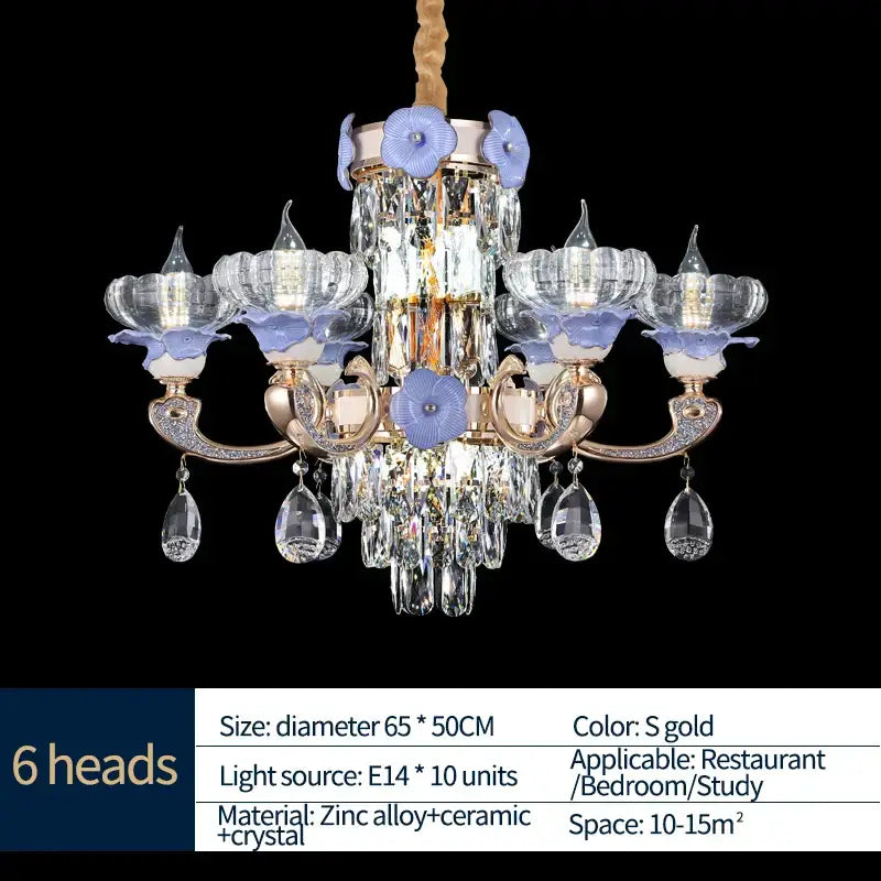 Elegant gold-toned decorbites crystal candle chandelier with six ceramic flowers and clear glass droplets for staircase lighting