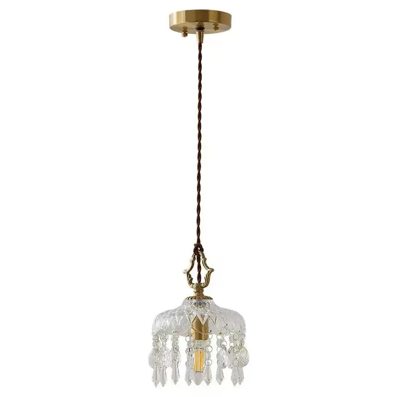 Ornate brass pendant lights with decorbites crystal glass led droplets and twisted brown cord for bedroom decor