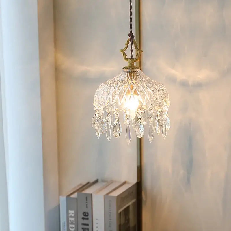 Delicate ornate brass and crystal glass led pendant lights with teardrop crystals for bedroom decorbites crystal glass