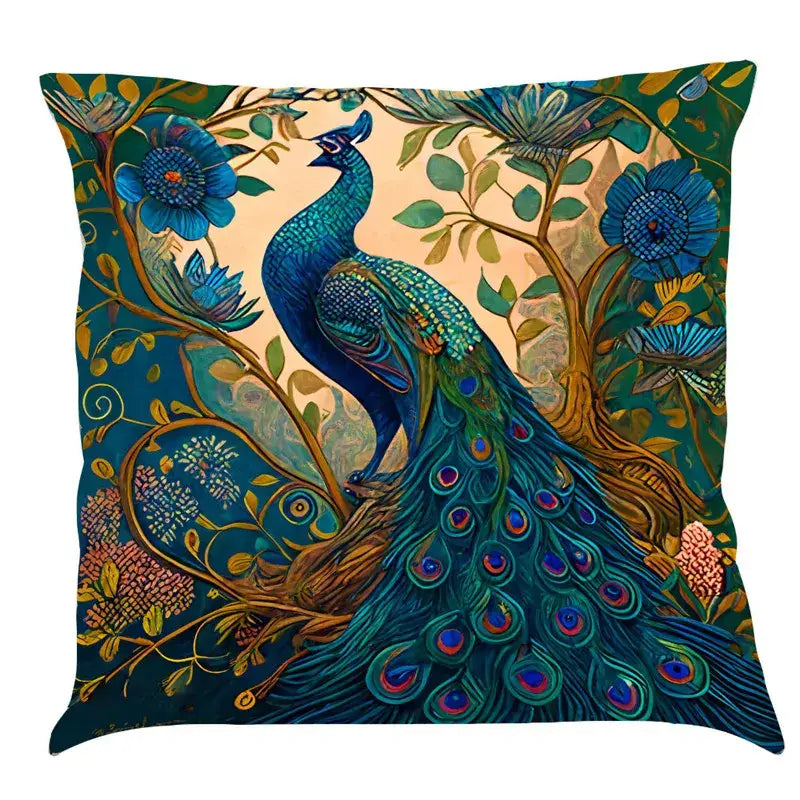 Ornate cat design linen pillowcase featuring a vibrant blue and teal peacock on decorative floral vines for living room decorbites cat design