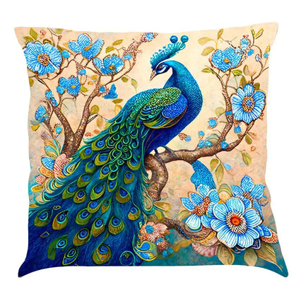 Ornate cat design linen pillowcase featuring vibrant peacock print on square cushion cover for living room decorbites cat design