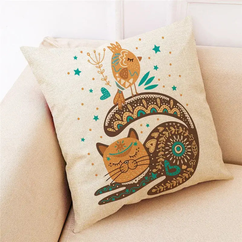 Beige linen design pillowcase with a whimsical orange cat and bird illustration for decorbites cat design living room decor