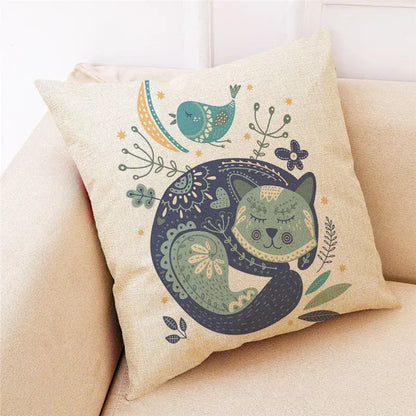 Beige linen design linen pillowcase featuring decorbites cat design with sleeping green cat and teal bird for living room decor