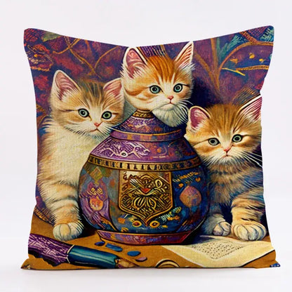 Square linen pillowcase featuring a decorbites cat design with three orange kittens around a purple and gold jar for living room decorbites cat design