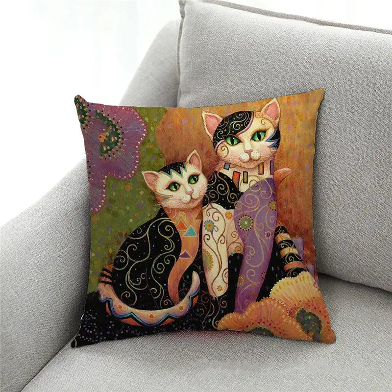 Ornate cat design linen pillowcase featuring vibrant black purple orange and green cat design for living room decorbites cat design