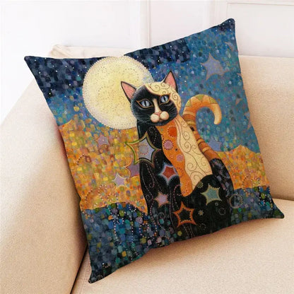 Ornate decorbites cat design linen pillowcase features a black cat with orange accents on a starry night sky background