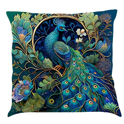 Ornate cat design linen pillowcase featuring vibrant teal peacock with golden accents on deep navy living room cushion cover