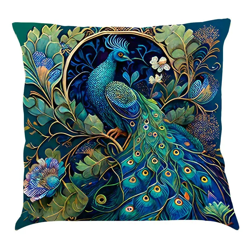 Ornate cat design linen pillowcase featuring vibrant teal peacock with golden accents on deep navy living room cushion cover
