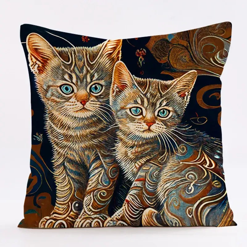 Square cat design linen pillowcase with ornate tabby kittens in blue eyes and earthy tones for living room decorbites cat design