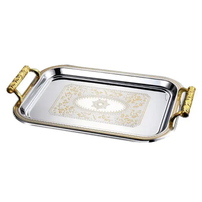 Rectangular silver serving tray with gold-toned handles and ornate floral pattern for animal head ceramic shot glasses