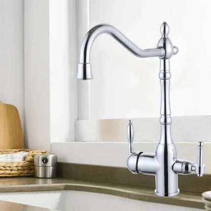 Chrome-finished vintage-style kitchen faucet mixer tap with curved spout and two ceramic handles for decorbites kitchen faucet