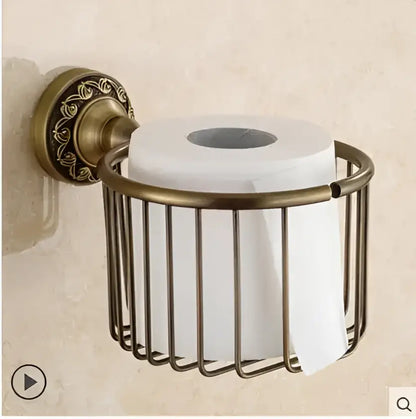 Antique brass toilet paper holder with ornate wall mount and wire basket from decorbites copper carved bathroom set