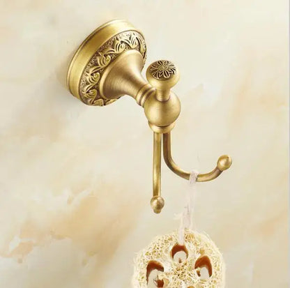 Antique brass double hook towel rack with ornate floral detailing in decorbites copper carved bathroom accessories set