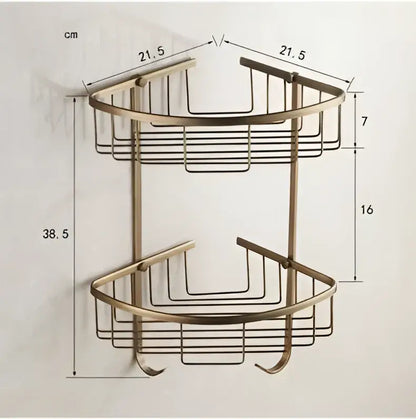 Brass double-tier corner shower caddy with wire mesh shelves in decorbites copper carved bathroom accessories set
