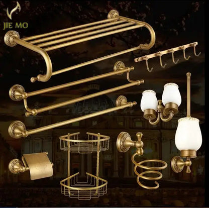 Ornate gold copper carved bathroom accessories set in brass with intricate detailing for elegant carved bathroom decorbites copper carved design