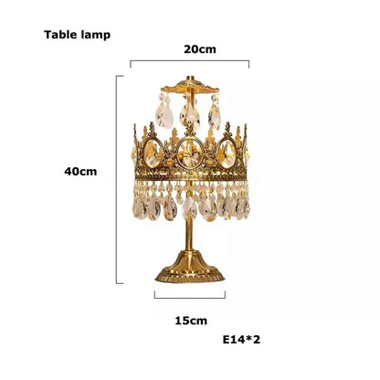 Ornate gold crown crystal led pendant light with dangling crystal droplets and oval-cut gemstones for living room decorbites crystal led