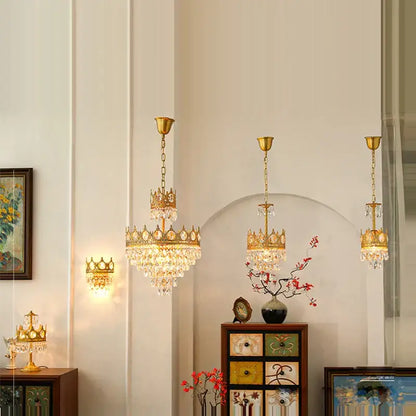 Ornate gold crown crystal led pendant light with intricate crown top and cascading crystal droplets for living room decorbites crystal led pendant