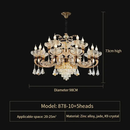 Elegant gold crystal candle chandelier with intricate k9 crystal droplets and floral jade glass shades by decorbites crystal
