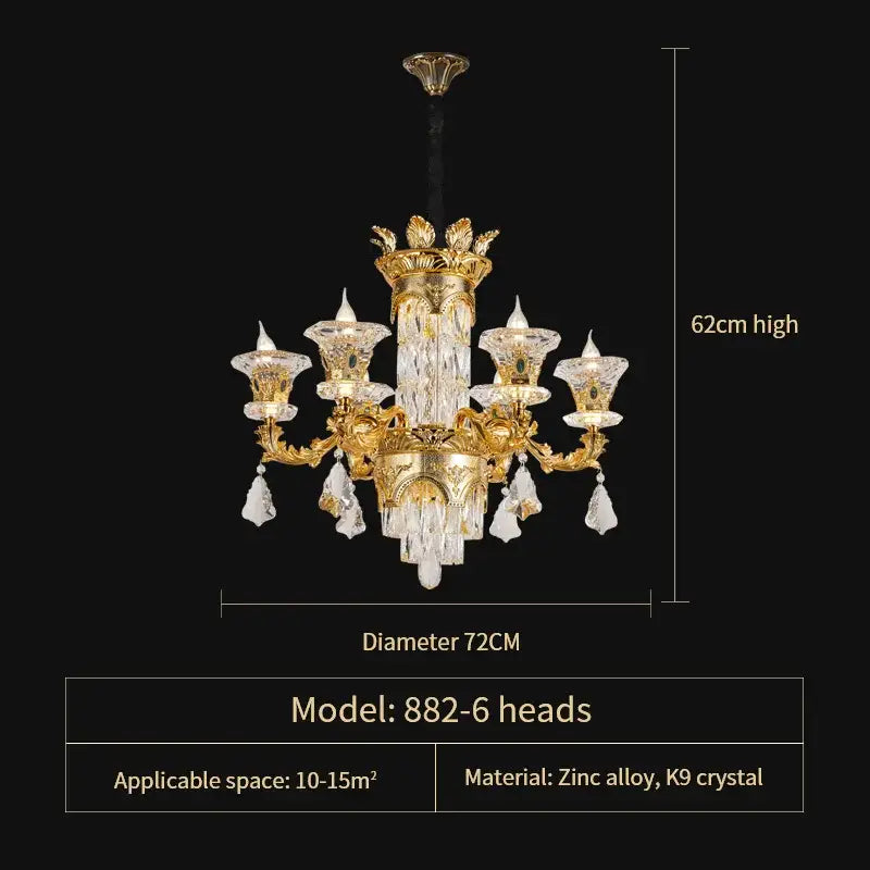 Ornate gold decorbites crystal chandelier with six arms and clear k9 crystals for luxury living room decor