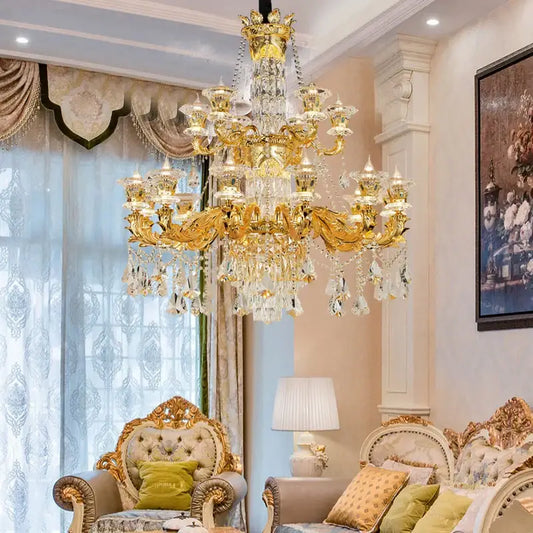 Ornate gold decorbites crystal chandelier featuring intricate detailing for living room luxury lighting decor