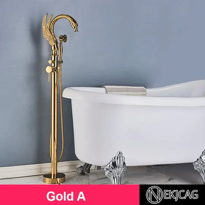 Ornate gold swan freestanding bathtub faucet with gold-finished swan design and matching decorbites gold swan handshower