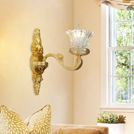 Ornate gold flower wall light with crystal glass clear fluted shade suitable for 220v-240v 110v-120v use