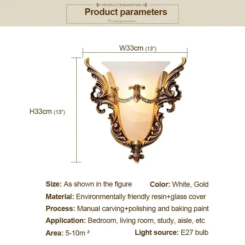 Ornate gold glass sconce light with crystals featuring a white frosted glass shade wall lamp for living room