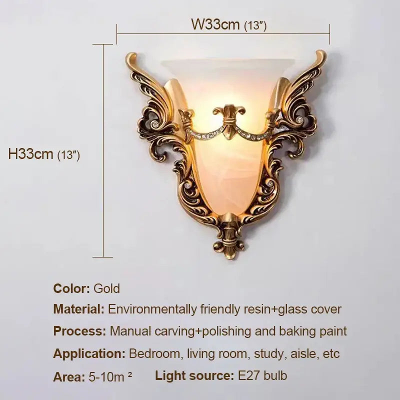 Ornate gold glass sconce light with intricate carved resin and crystal details for elegant living room wall lamp
