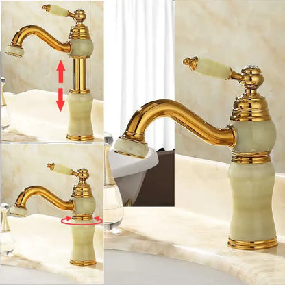 Ornate gold finished bathroom basin sink faucet with pale green jade ceramic body and matching handle detailing