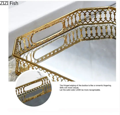 Ornate gold mirror glass storage tray with gold-toned metal lattice detailing for bedroom jewelry decor