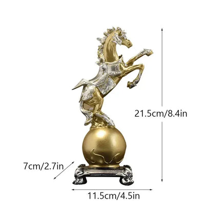 Ornate gold and silver decorbites golden horse sculpture on a spherical base for elegant living room decor