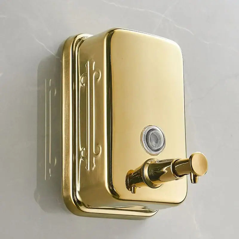 Ornate gold stainless steel soap dispenser with vertical detailing and rectangular design for bathroom wall mount decorbites gold stainless