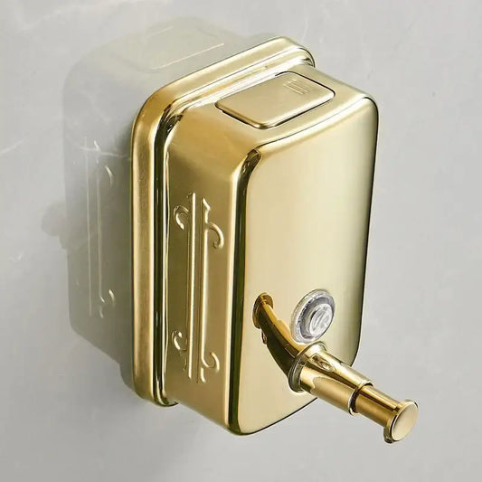 Ornate gold stainless steel soap dispenser with rectangular shape scrollwork and polished brass pump nozzle decorbites gold stainless