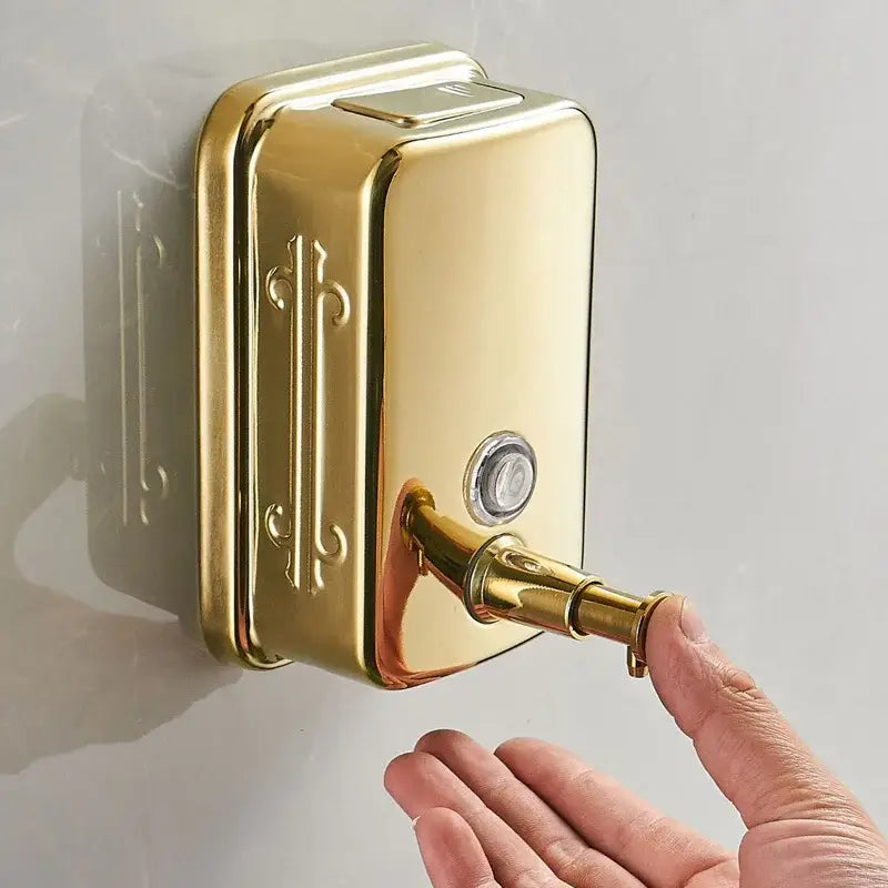 Ornate gold stainless steel soap dispenser wall mount with rectangular shape and detailed vertical design by decorbites gold stainless