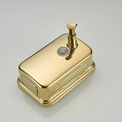 Ornate gold stainless steel soap dispenser with rectangular wall mount and brushed metal pump by decorbites gold stainless