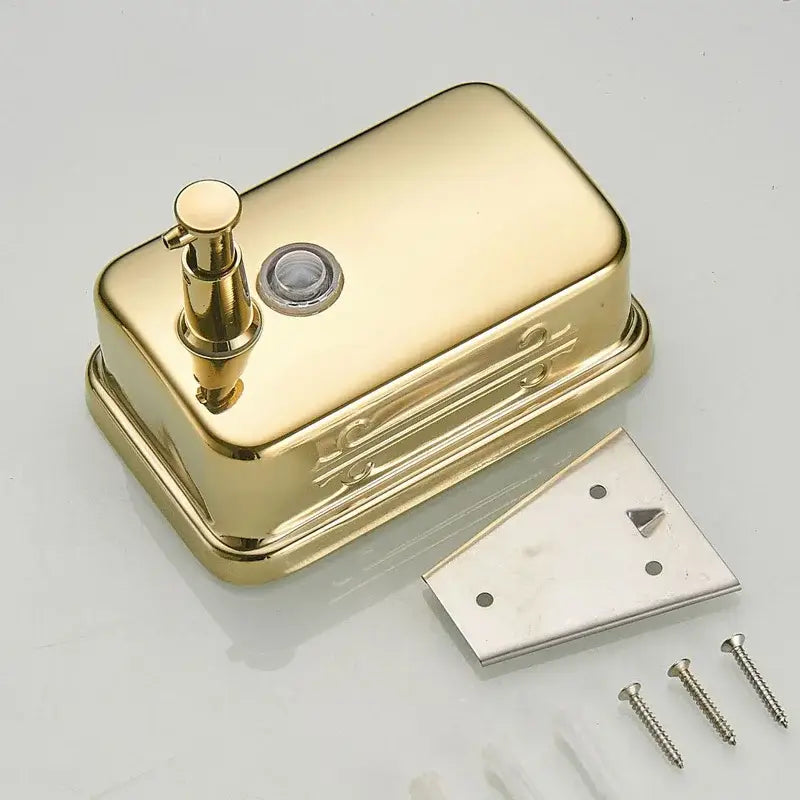 Ornate gold stainless steel soap dispenser with embossed patterns for bathroom wall mount decorbites gold stainless design