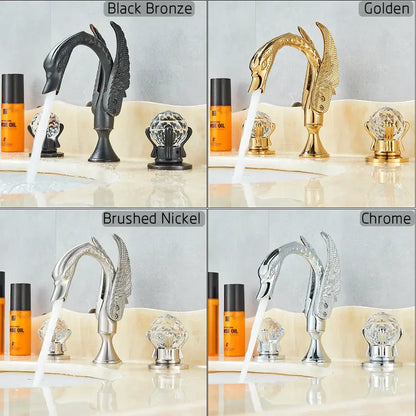 Elegant gold swan basin faucet with crystal handles and ornate wing detailing in black bronze, brushed nickel, or chrome finish