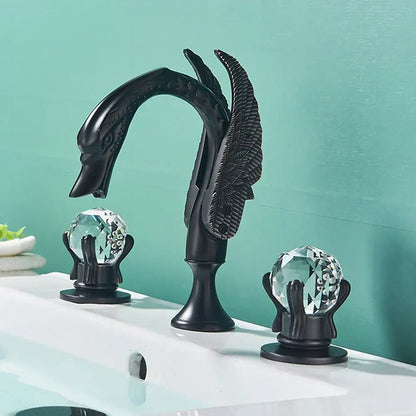Ornate decorbites gold swan basin faucet with crystal handles and black swan design for bathroom use