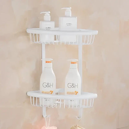 White plastic two-tiered bathroom shelf with wire mesh design from ornate gold and white decorbites bathroom accessories set