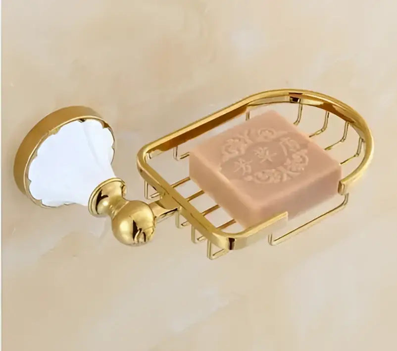 Ornate gold metal soap dish with white ceramic wall mount in decorbites bathroom accessories set for elegant bathroom decor